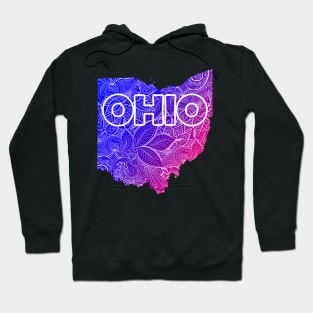 Colorful mandala art map of Ohio with text in blue and violet Hoodie